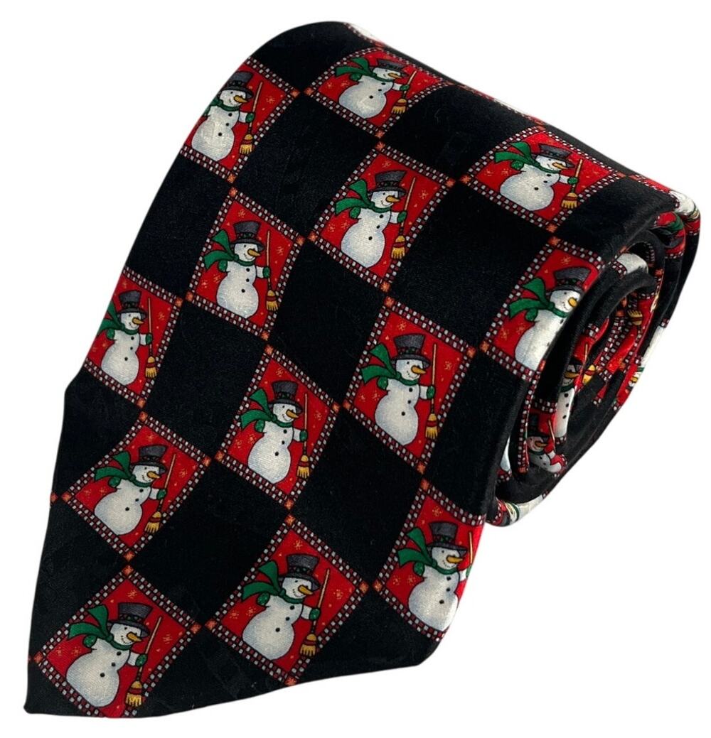 Hallmark Snowman Holiday Novelty Harlequin Checkerboard Silk Necktie 60x4